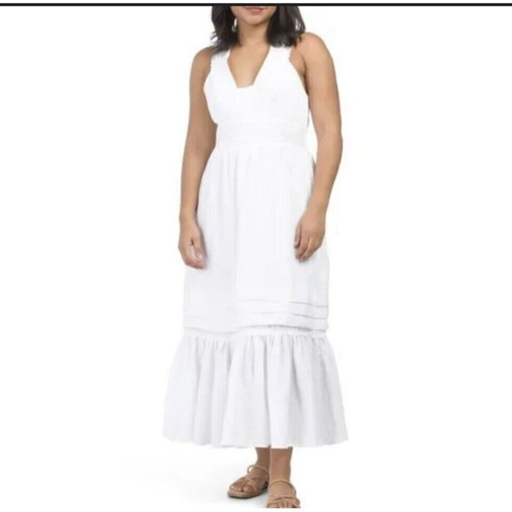 Magaschoni Organic Cotton Gauze Tiered Lace Trimmed Maxi Dress White‎ Size 4